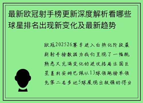 最新欧冠射手榜更新深度解析看哪些球星排名出现新变化及最新趋势
