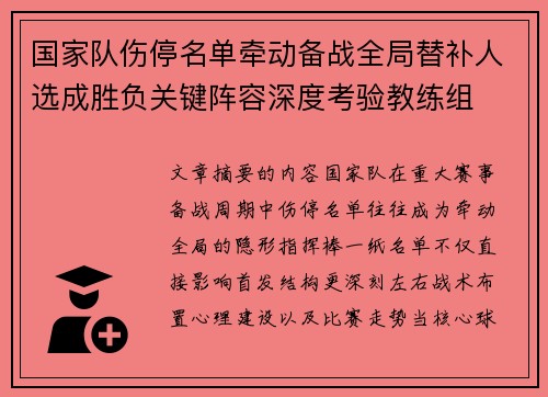 国家队伤停名单牵动备战全局替补人选成胜负关键阵容深度考验教练组 国家队伤停名单牵动备战全局替补人选成胜负关键阵容深度考验教练组